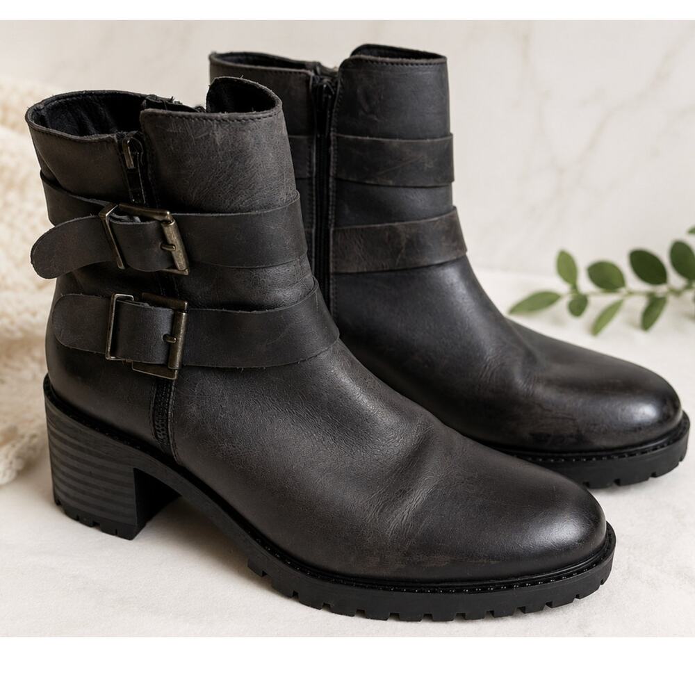 Eric Michael Portugal Leather Moto Ankle Boots Black Buckle Lug Sole Zip SZ 40